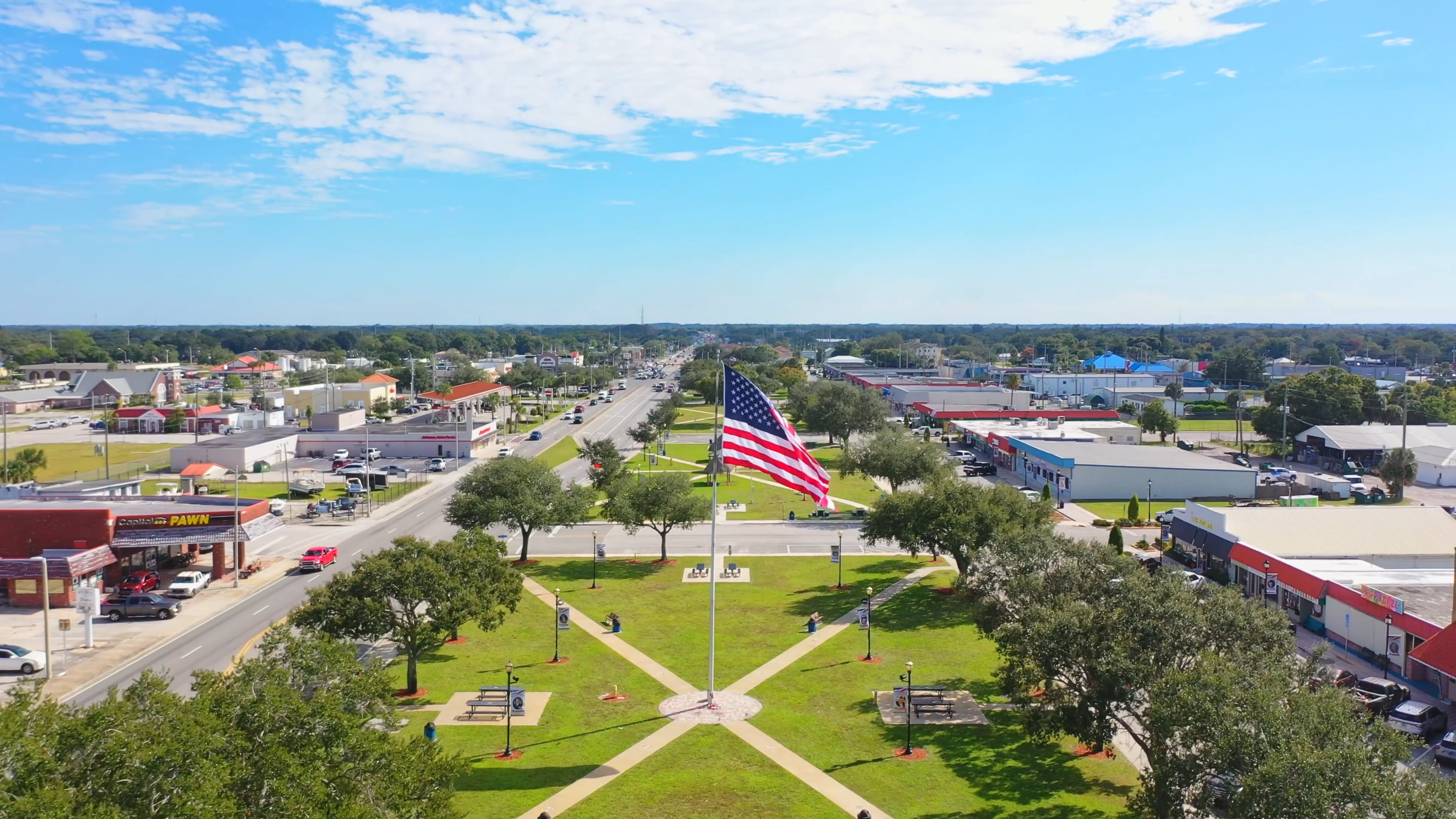 downtown park with flag
